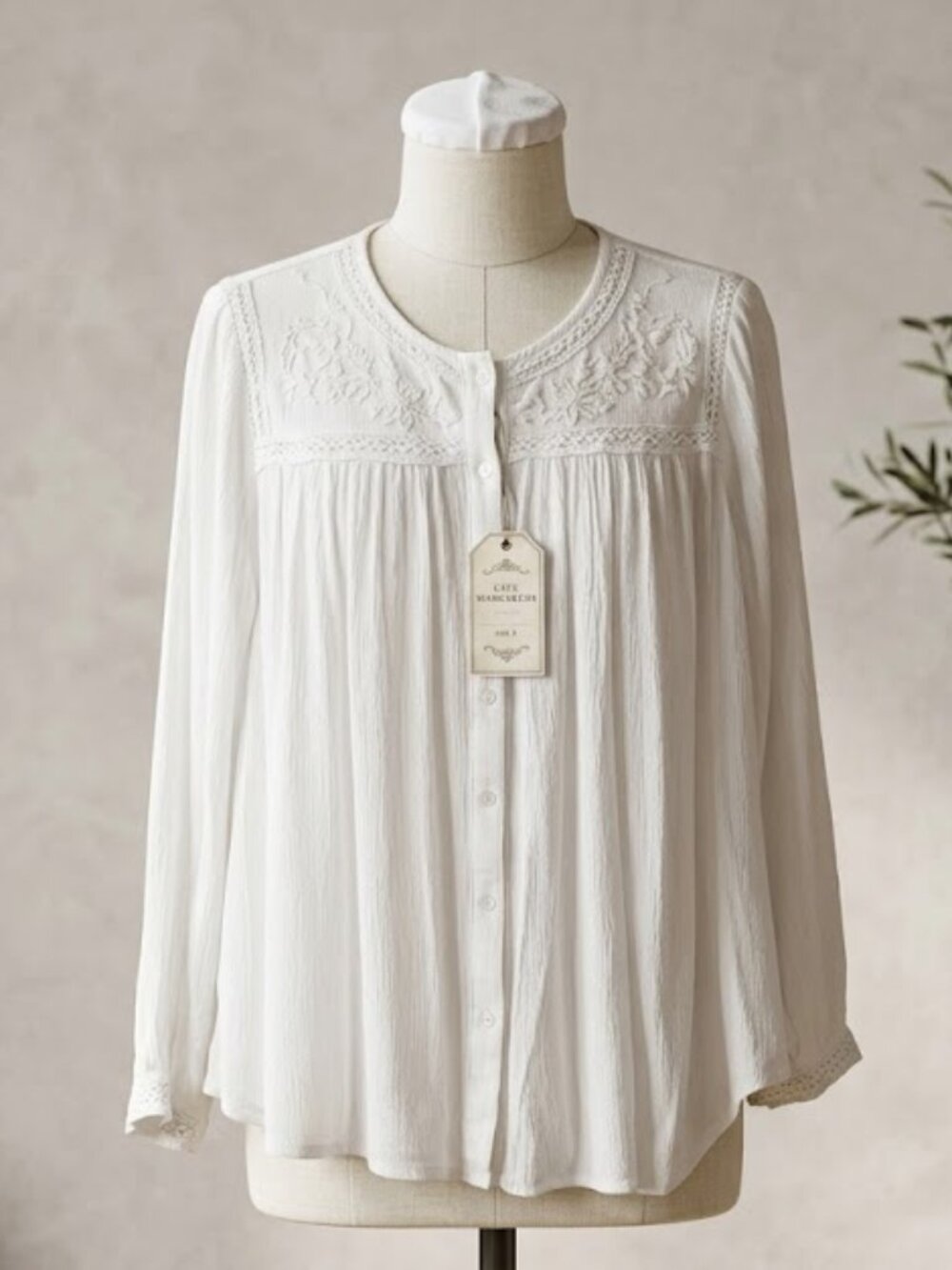 Cafe Marrakesh White Embroidered Boho Blouse Size S Lace Trim Button Front